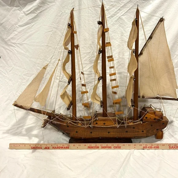 Vintage Sailboat Huge Handmade Multi Fabric Sail Boat Wooden Wood